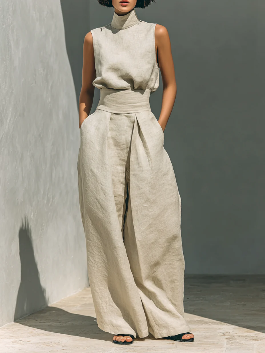 Minimalist Cotton And Linen Sleeveless Blouse And Wide-leg Pants Set