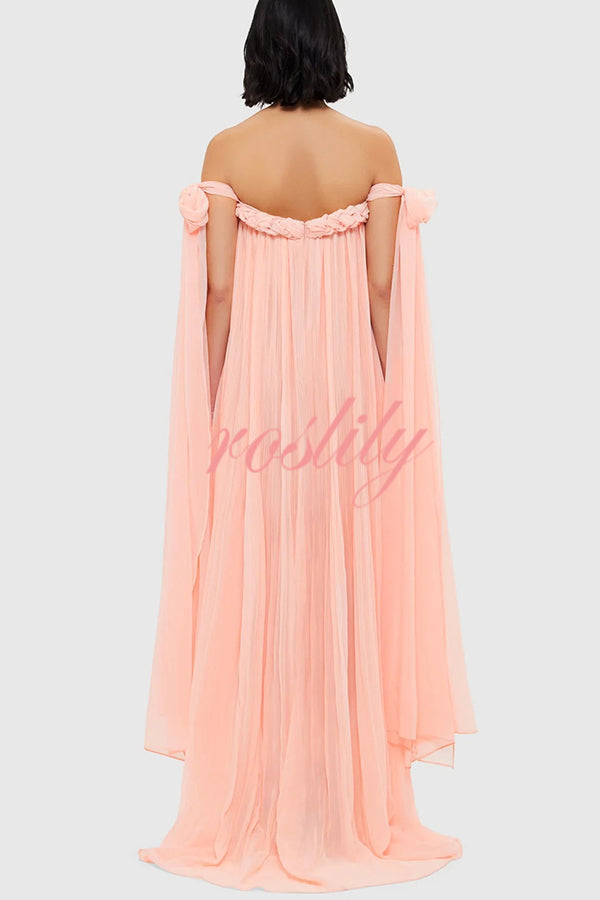 Fairy Spirit Tulle Braided Neckline Tie Arm Straps Pleated Maxi Dress