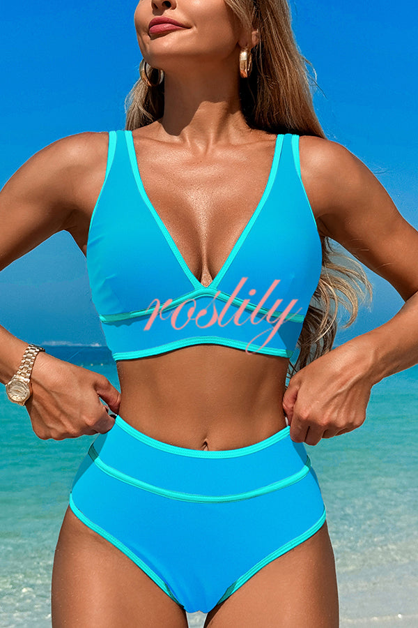 Solid Color Contrast High Waist Stretch Bikini Swimsuit