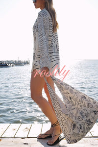 Live By Water Satin Unique Print Tassle Shirt and Elastic Waist Shorts Set
