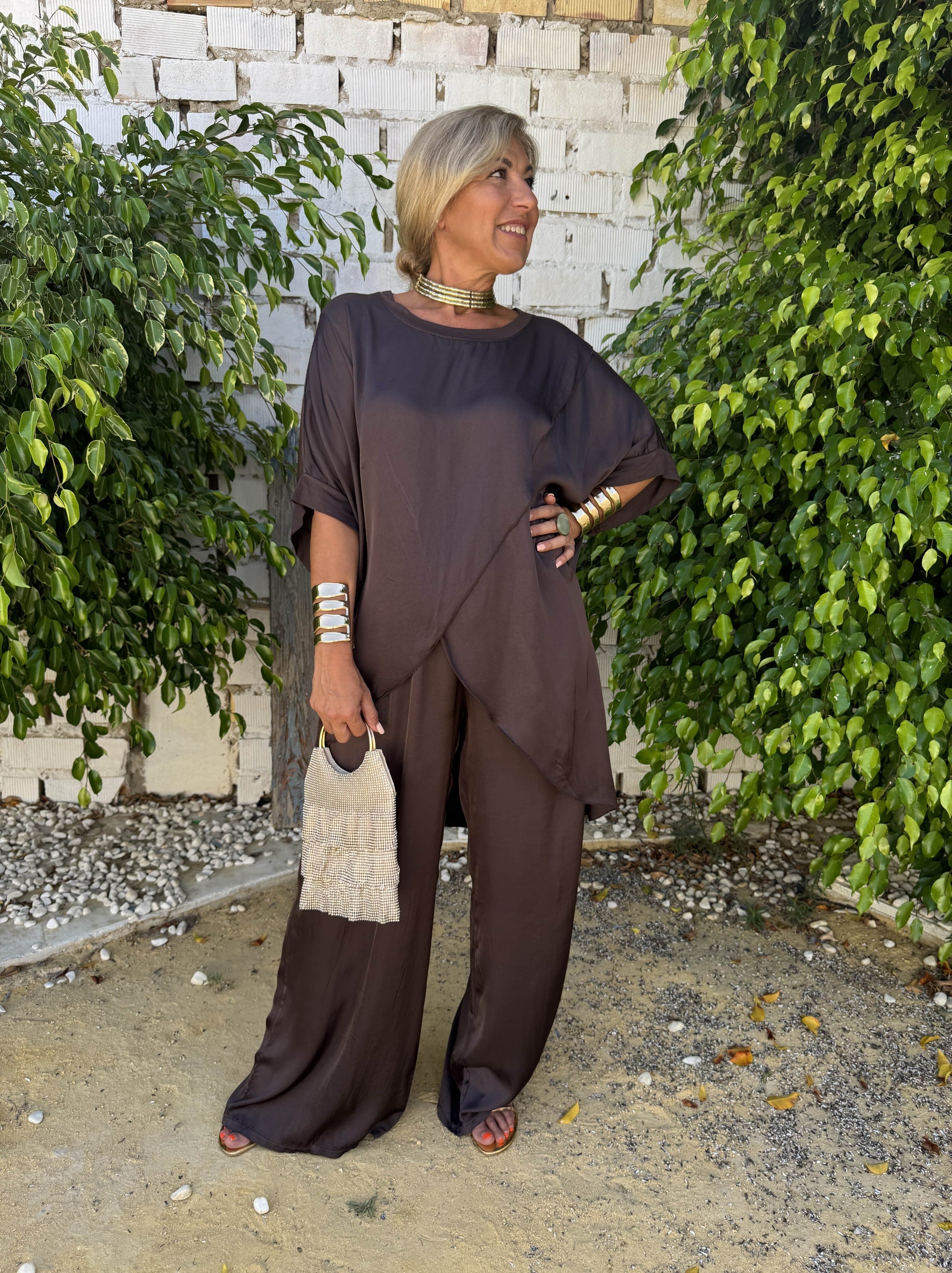 Cross-Front Satin Wide-Leg Set