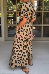 Leopard Print Casual Loose V-neck Short-sleeved Pocket Midi Dress