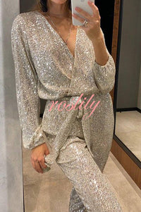 Cheers To You Sequin Long Sleeve Belted Wrap Loose Jumpsuit