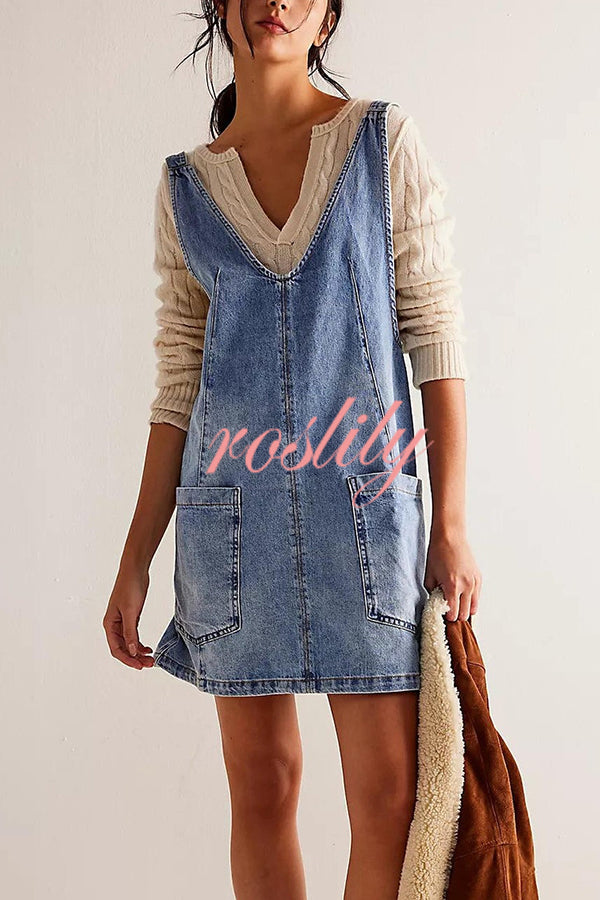 Solid Color Sleeveless V-neck Pocket Adjustable Denim Suspender Mini Dress