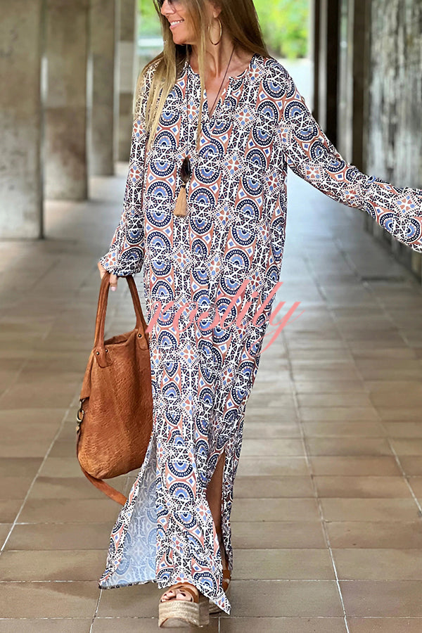 Unique Printed Long Sleeve V-neck Loose Maxi Dress