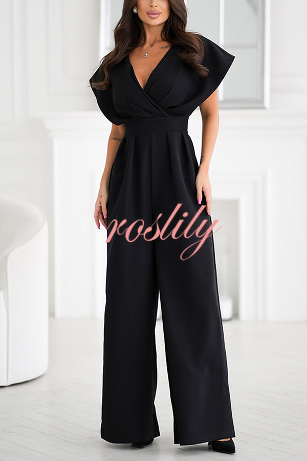 Solid Color V-neck Waist Casual Wide-leg Jumpsuit
