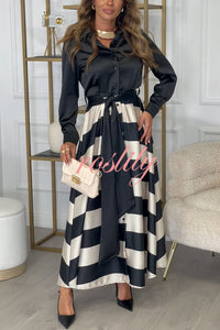 Lindsey Satin Colorblock Contrast Long Sleeve Belted Shirt Maxi Dress