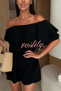 Solid Color Off-shoulder Ruffled Casual Waist Rompers