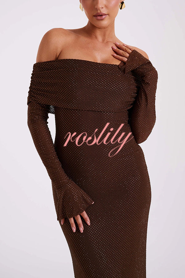 Sexy Shiny Off-The-Shoulder Long-Sleeved Fitted Maxi Dress