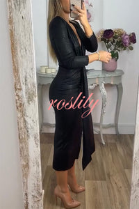 Shiny Lady Metallic Fabric Padded Long Sleeve Tie-up Ruched Midi Dress