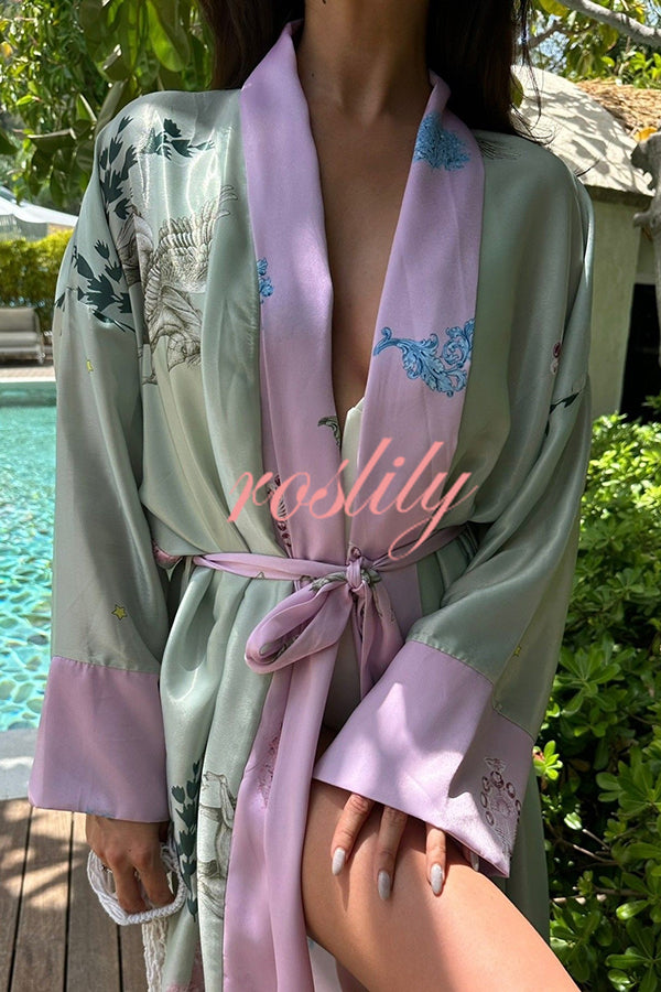 Karty Satin Unique Print Long Sleeve Belt Lapel Kimono Cover-ups