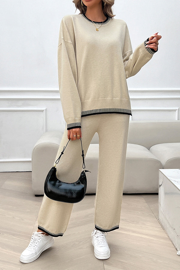 Home Casual Contrasting Color Knitted Sweater and Elastic Waist Loose Pants Set