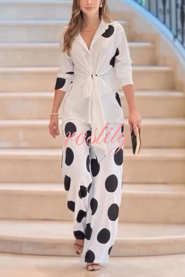 Fashion Lapel Long-sleeved Tie Waist Shirt and Casual Polka Dot Print Wide-leg Pants Set