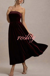 Center of Attention Velvet Satin Neck Bandeau Pleated Midi Dress