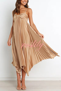 Solid Color Sexy Suspender Pleated Irregular Midi Dress