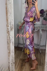 Satin Floral Print V-neck Half-sleeve Loose Top and Elegant Maxi Skirt Set