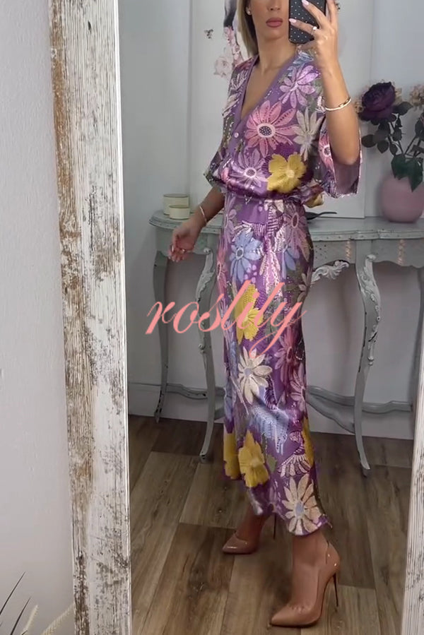 Satin Floral Print V-neck Half-sleeve Loose Top and Elegant Maxi Skirt Set
