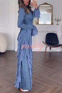 Cline Solid Color High Neck Long Sleeve Elegant Ruffles Maxi Dress