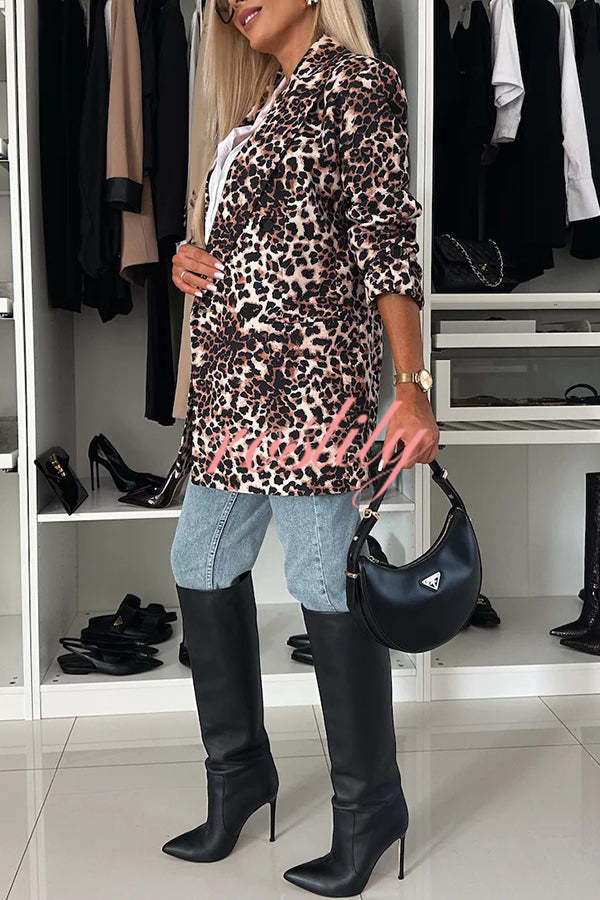 Choose Unique Leopard Print Lapel Long Sleeve Relaxed Blazer