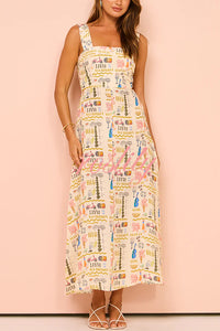 Country Cutie Unique Print Square Neck Wide Strap Maxi Dress