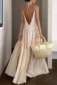 Beach Day Linen Blend Back Tie-up A-line Layered Maxi Dress