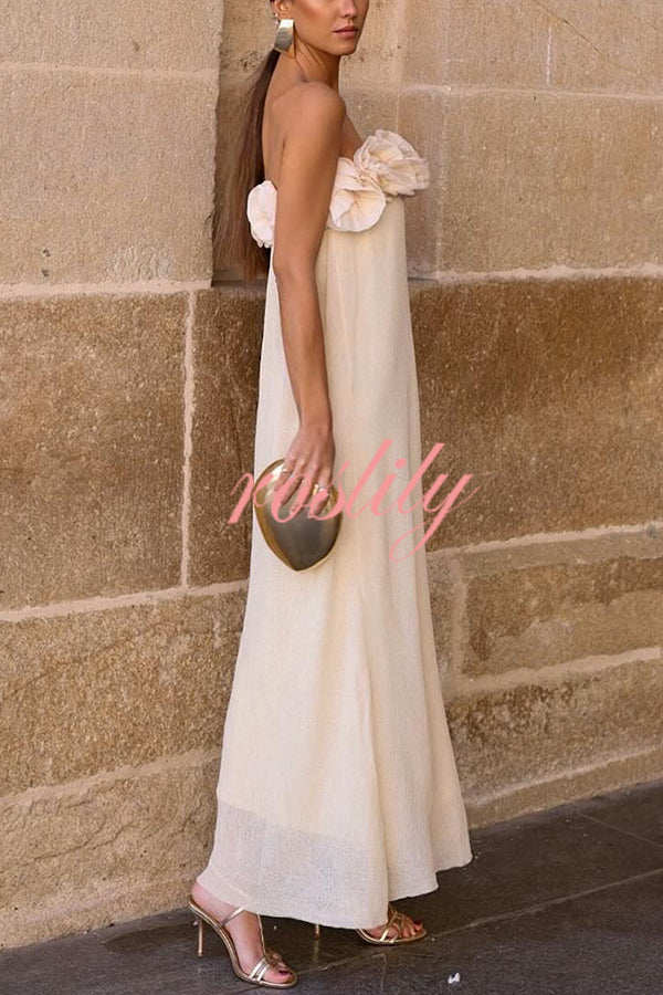 Blooming Chic Flower Applique Elastic Off Shoulder Strapless Maxi Dress