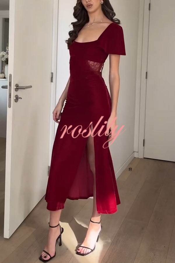 Yumi Velvet Lace Patchwork Bell Sleeve Back Lace-up Slit Midi Dress