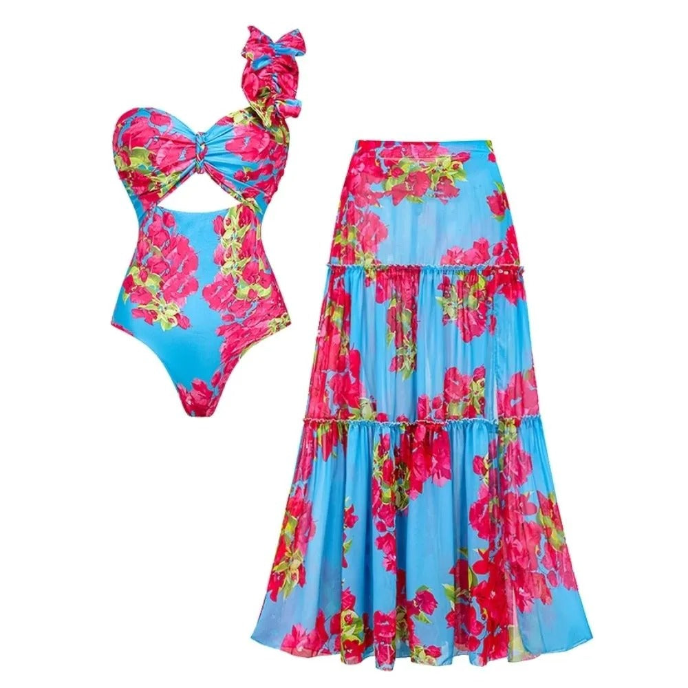 Ruffle Removable Shoulder Strap Pink Bougainvillea Flower Printed One Piece Swimsuit And Skirt