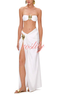 Matching The Beach Oyster Metal Decor High Slit Stretch Maxi Skirt