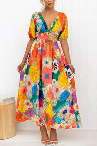 Floral Frenzy Printed Puff Sleeve Back Smocked Maxi Dress