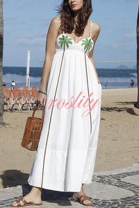 Coconut Tree Print Suspender Backless Large Hem Maxi Dress