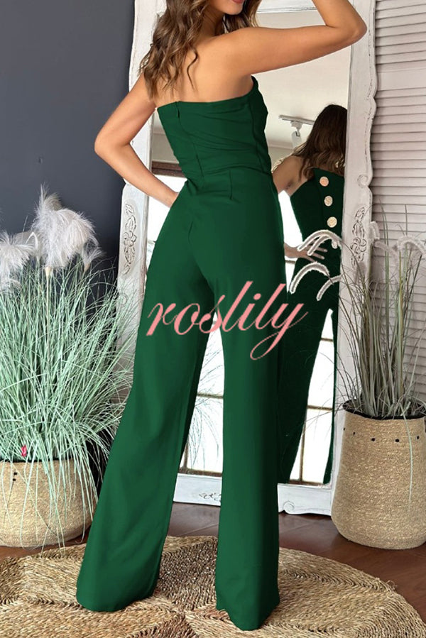 Solid Color Sexy Tube Top Gold Button Embellished Bootcut Jumpsuit