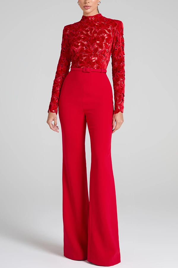 Eleanor Embroidered Floral Lace Long Sleeve Patchwork Belt Flare Jumpsuit