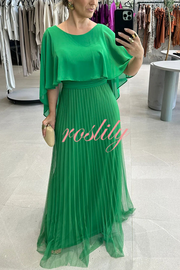 Ready for Holiday Cape Sleeve Tie-up Pleated Maxi Dress