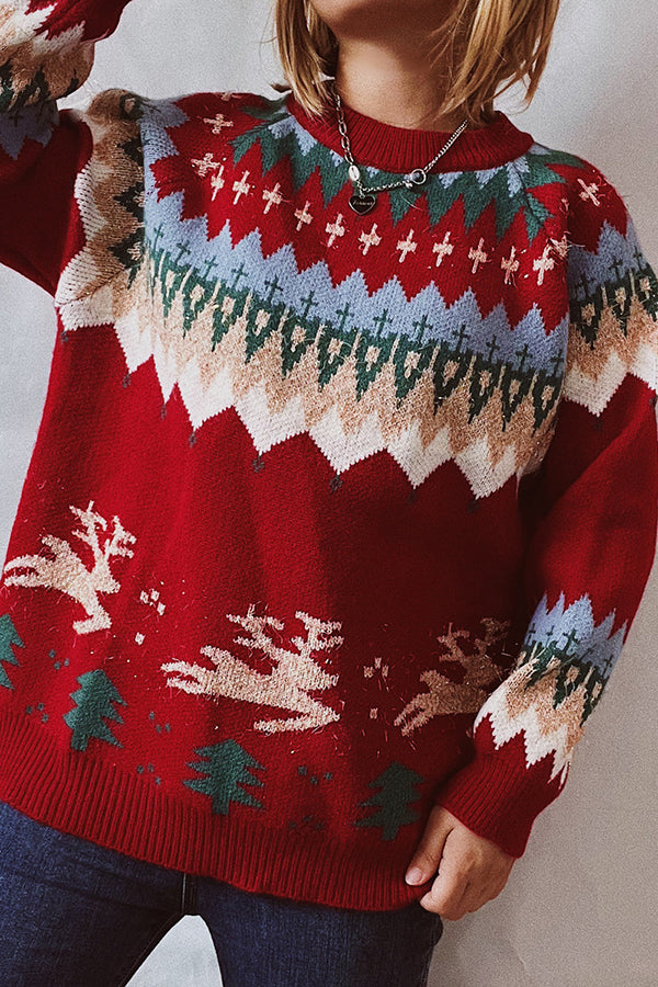 Christmas Pattern Knitted Crew Neck Long Sleeved Sweater