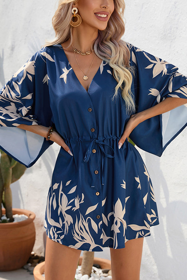 Botanical Print Button Drawstring Waist Dolman Sleeve Loose Romper