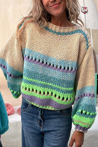 Rainbow Mood Multicolor Round Neck Hollow Long Sleeve Knitted Sweater