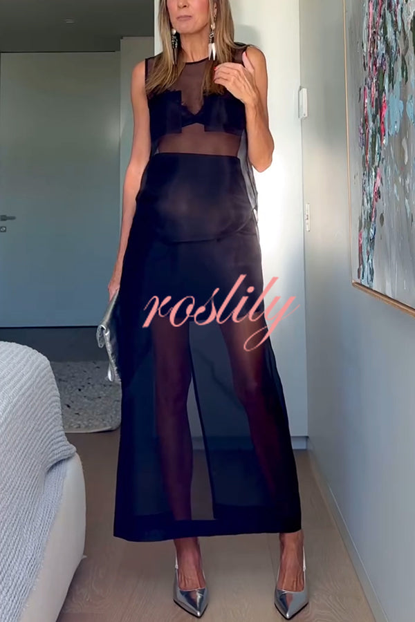 Embraces Modern Sheer Organza Pocket Oversized Tank and High Rise Slit Midi Skirt Set