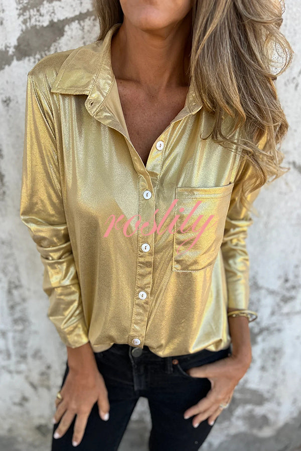 Holiday Look Solid Metallic Loose Pocket Button-down Blouse