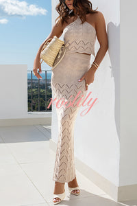 Solid Knit Hollow Halter Top and Stretch Fit Maxi Skirt Set