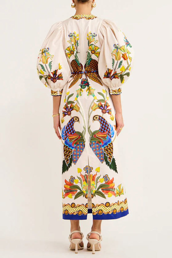 Garden Party Unique Heaven Bird Print Puff Sleeve Pocketed Loose Midi Dress