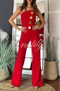 Solid Color Sexy Tube Top Gold Button Embellished Bootcut Jumpsuit