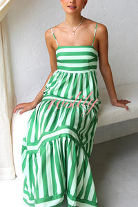 Beachy Dreams Striped Print Back Smocked Pocket A-line Slip Midi Dress