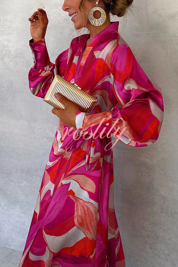 Unique Printed Long Sleeve V-neck Tie-up Waist Slit Maxi Dress