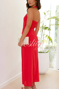 Solid Color Sleeveless Halter Neck Backless Slim Fit Maxi Dress