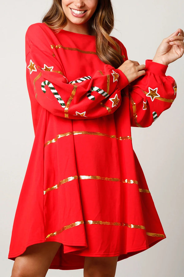 Christmas Candy Sequin Loose Long Sleeve Casual Mini Dress