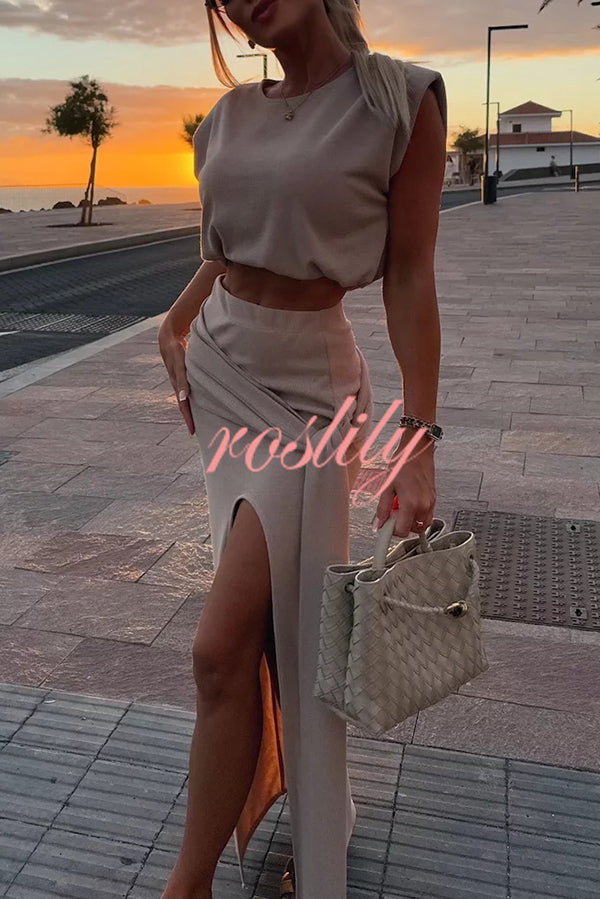 Comfortable Stylish Round Neck Sleeveless Casual Top and Elastic Waist Ruched Tie Slit Midi Skirt Set