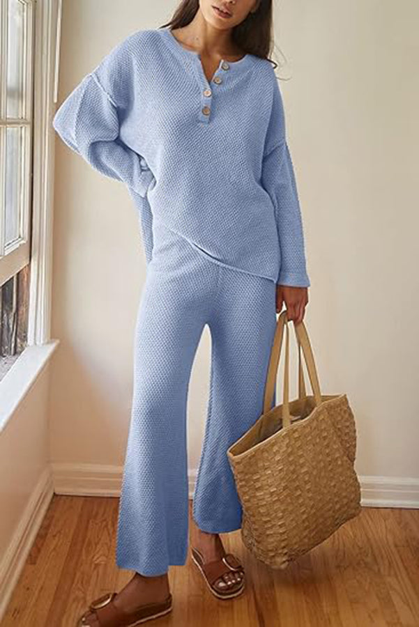 Heather Hailey Solid Color Casual Button V Neck Top and Pant Two Piece Set