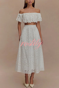 Arla Embroidered Lace Hollow Off Shoulder Bubble Crop Top