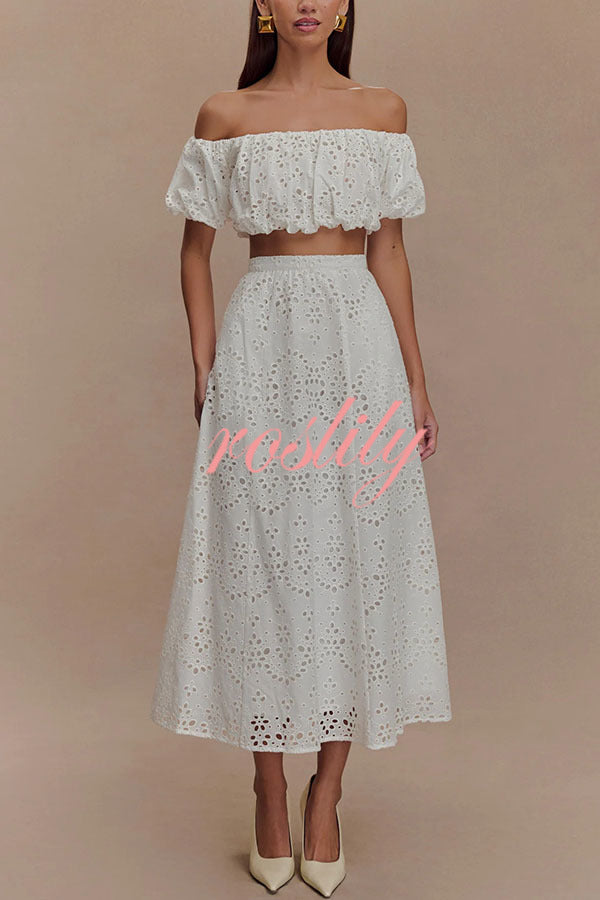 Arla Embroidered Lace Hollow Off Shoulder Bubble Crop Top
